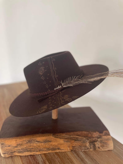 Hand Burnt Brown Fedora Hat - Walking on Country