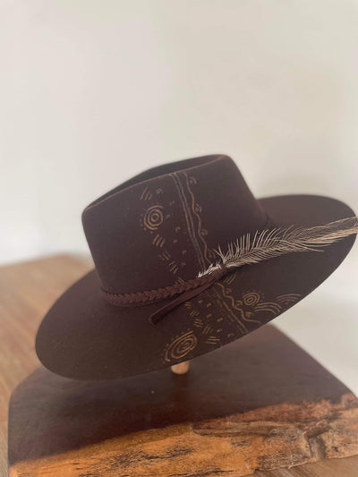 Hand Burnt Brown Fedora Hat - Walking on Country