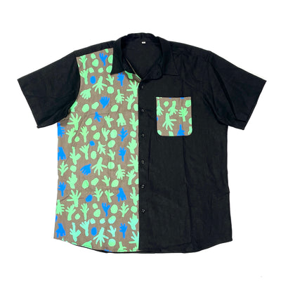 Short Sleeve Button Shirt Green/Blue Design by Ikuntji Artists