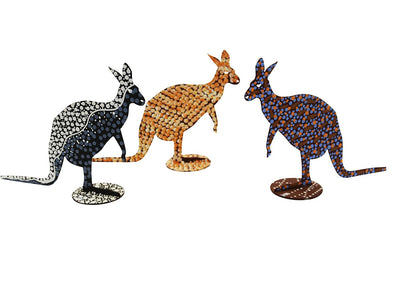 close up of three metal kangaroo sculptures